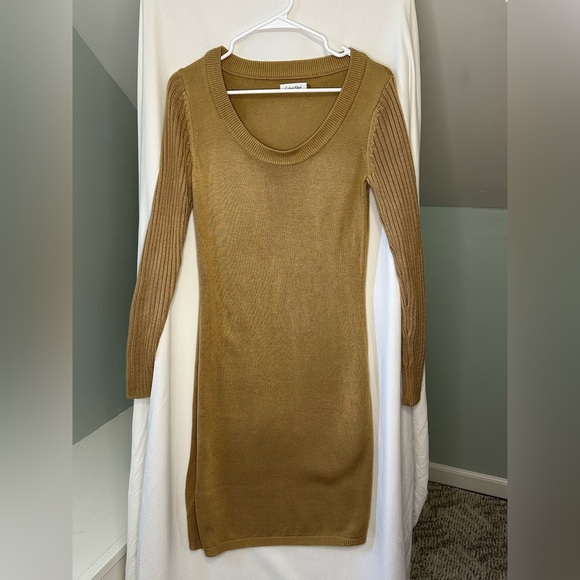 Calvin Klein Camel Tan Knit Sweater long sleeve ribbed Dress - Picture 1 of 8